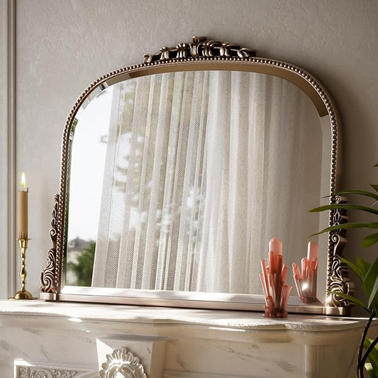 Wall Beaded Mirror, 44 x 32 Inch Round Top Right Angle Wall Mirror, Tempered Glass, Rust Resistant, Horizontally or Vertically Hanging, Silver