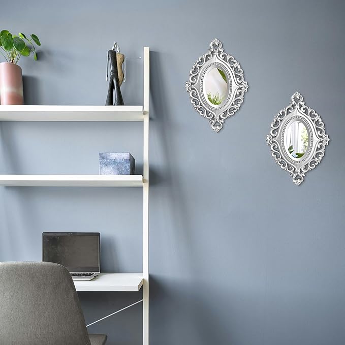 2 Set Oval Wood Carved Wall Mirror Baroque 3D Relief Rustic Home Decor Small Decorative Hanging Mirrors for Living Room, Bedroom Entrance Wall Sculpture