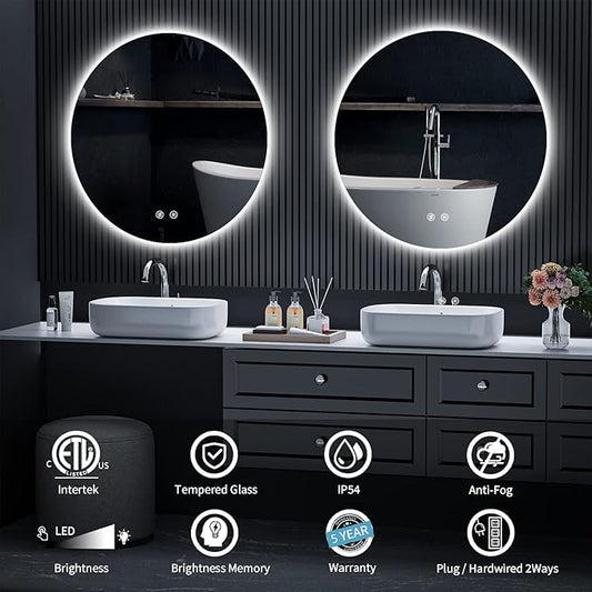 LED Round Bathroom Mirror, 36 Inch Backlit Wall Mounted Bathroom Mirror with Lights, Frameless Vanity Mirror with 3 Color Lights, CRI 95+, Anti-Fog, Shatter-Proof