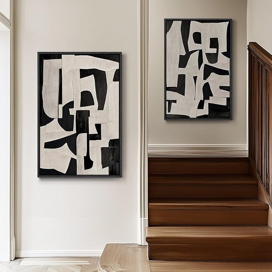 Large Framed Black and White Abstract Wall Art for Living Room, 2 Piece Modern Canvas Prints Paintings Artwork for Walls, Minimalist Black Beige Pictures for Hallway Dining Bedroom Wall Decor 24x36 In