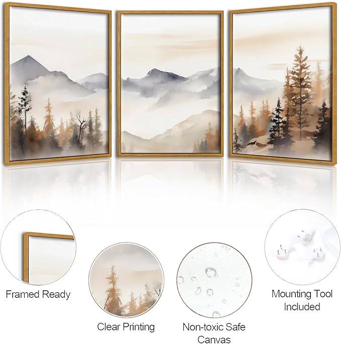 TBKHUDBI Framed Neutral Mountain Wall Art Forest Landscape Canvas Painting Prints Set of 3 Abstract Nature Watercolor Picture Wall Decor for Living Room Bedroom Bathroom Office 16"x24"in