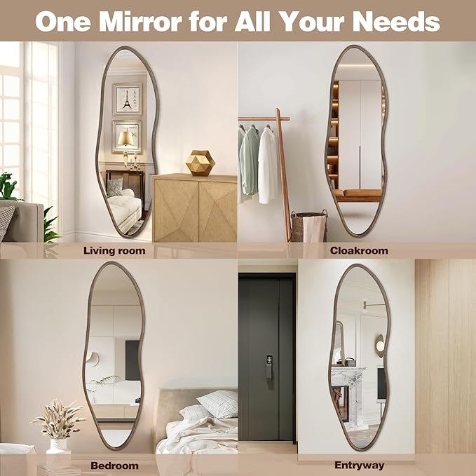 Irregular Full Length Mirror, 65"x22" Wooden Farmhouse Full Body Mirror, Large Asymmetrical Wall Mirrors for Living Room Entryway, Horizontal/Vertical, Vintage Walnut