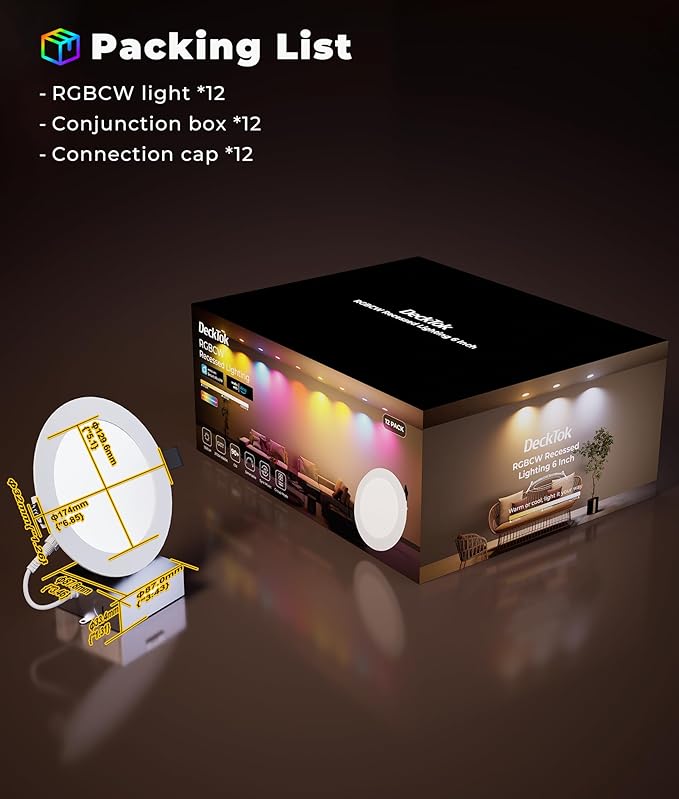DeckTok Smart Recessed Lighting 6 inch, 16 Million Colors, 1200LM, 2700~6000K CCT, 1%~100% Dimmable, RGBCW Canless Recessed Lighting with Alexa & Google Assistant for Whole Home Lighting, 12-Pack