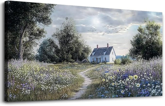 KELIYUAN Canvas Wall Art For Living Room Bedroom Wall Decor For Office Farmhouse Mural Retro Pastoral Flower Sea Landscape Painting Room Hallway Prints Artwork Picture Wall Decoration 20x40 Inches