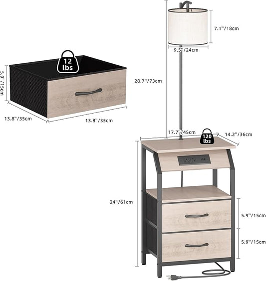 End Table with Floor Lamp, Nightstand with Charging Station, Floor Lamp Table with 3-Color Temperature Bulb, Bedside Table Night Stand with 2 Drawers for Bedroom, Living Room, Greige