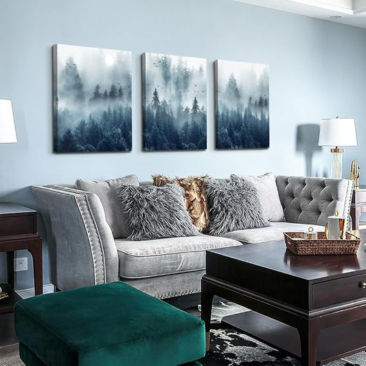 Lapremoly Wall Decorations - Framed Canvas Wall Art for Living Room, Bedroom & Office - Misty Forests Trees Landscape Pictures - 3 Piece Set