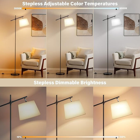 SIBRILLE Floor Lamp with Linen Shade, Dimmable Tall Standing Lamp with Remote Control & 3 Color Temperatures Bulb, Modern Swing Arm Floor Lamps for Living Room Bedroom Office Corner