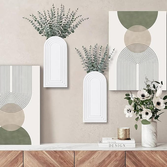 Dnnnii 2 Pack Wooden Wall Vase Set - White Finish Modern Farmhouse & Boho Wall Decor for Entryway, Hallway, Bathroom, Living Room, Dining Room, Narrow Spaces