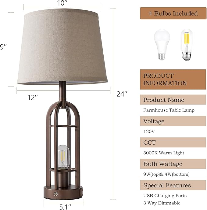 SRJJA 24" Table Lamps for Living Room Set of 2, Rustic Farmhouse 3-Way Dimmable Touch Industrial Bedside Lamps with USB A+C for Bedroom Nightstand,4 Bulbs Included