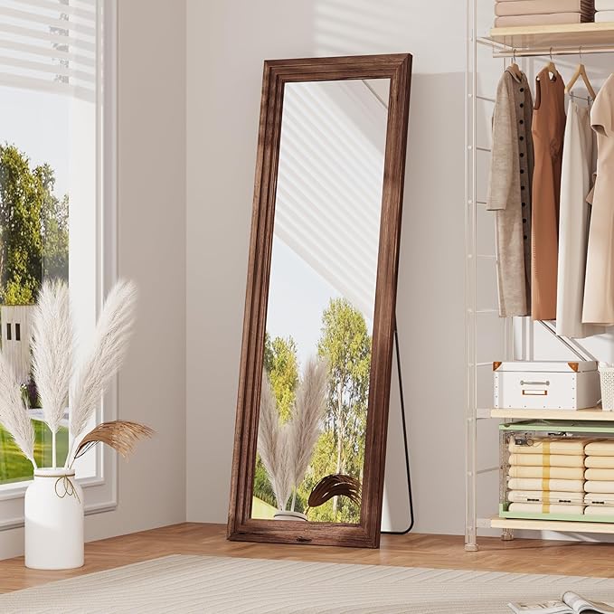 ZHUNFA Full Length Mirror,71x32 Inch Full Length Mirror Wall Mounted,Vertical Hanging,Leaning Standing for Bedroom,Living Room,Rectangular Wooden Frame,Wood Brown Color.