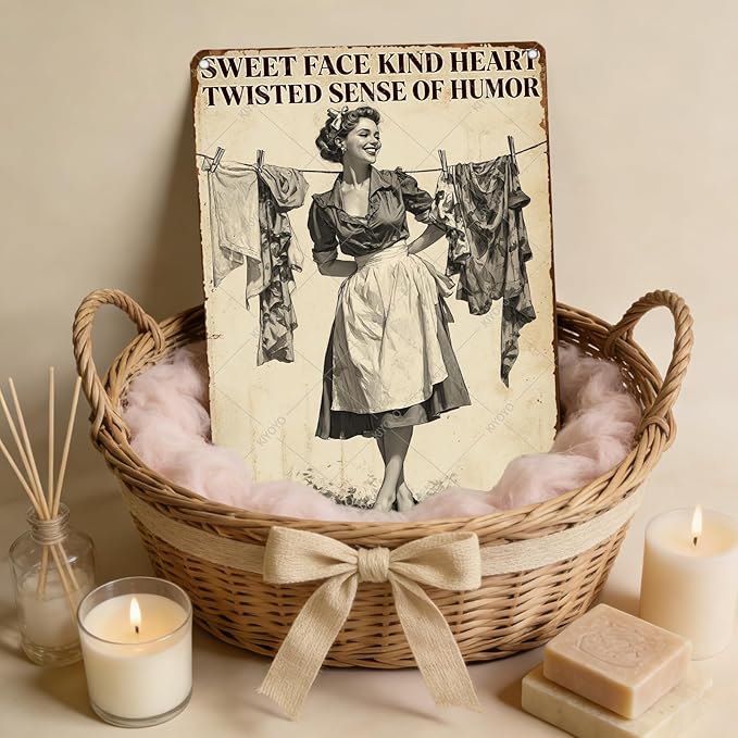 Retro Women Wall Decor Sweet Face Kind Heart Twisted Sense Of Humor Metal Tin Sign Farmhouse Rustic Art Plaque Rustic Laundry Decor 16x12 Inch