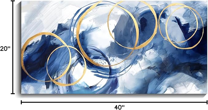 AJAZIKO Blue Abstract Wall Art Modern Art Wall Decor Artwork For Walls Living Room Large Painting Size 20x40 Office Pictures For Wall Navy Gold Contempor Decorations For Bedroom