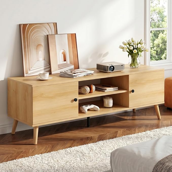 DUMOS TV Stand for 55 60 inch TV, Modern Mid Century Entertainment Center with Storage, Wooden Media Console Table with 2 Cabinets, for Living Room, Bedroom, Wooden