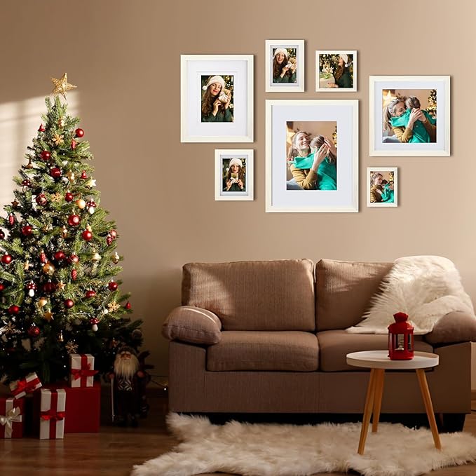 Egofine 8x8 Picture Frames Made of Solid Wood with Plexiglass, Display Pictures 4x4/6x6 with Mat or 8x8 Without Mat Set of 4 for Tabletop and Wall Mounting, Beige