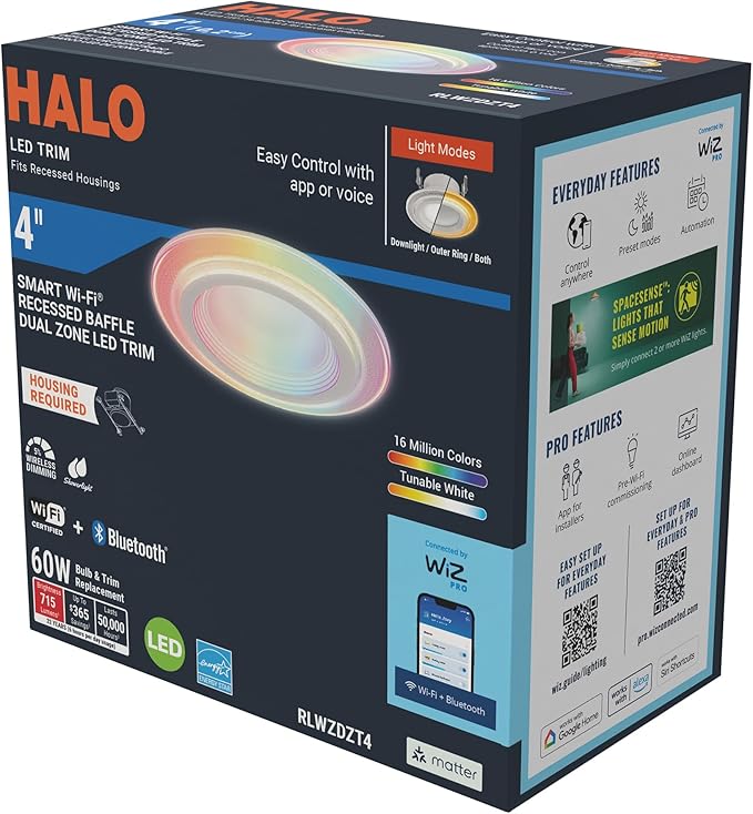 HALO 4 in Smart Wi-Fi Recessed LED Lights 4-Pack, Dual Zone, Dimmable, Full Color, SpaceSense Motion Detection Retrofit Can Lights Connected by WiZ Pro - RLWZDZT4-4PK