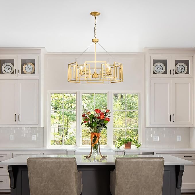 Gold Modern Industrial Geometric Chandelier: 5-Light Adjustable Farmhouse Dining Room light Fixture - Hanging Pendant Ceiling Chandelier Lighting over Table Kitchen Island for Living Bedroom Entryway