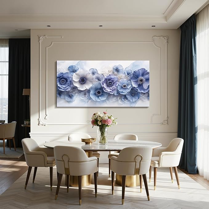 imjiayu Large Wall Art, Floral Wall Art, Modern Art Wall Decor, Blue and White Flowers Painting Prints, Elegant Big Canvas Pictures for Living Room Bedroom Dining Room Hallway Office 24"x48"
