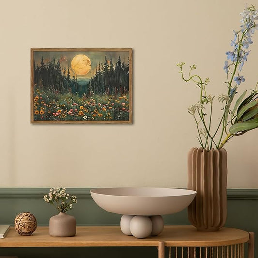Vintage Forest Moon Wall Art, Nature Pine Tree Woodland Wall Decor Paintings, Dark Cottagecore Landscape 3D Textured Hand Drawn Sandstone Artwork for Bedroom Living Room 16x24 inch Wood Framed