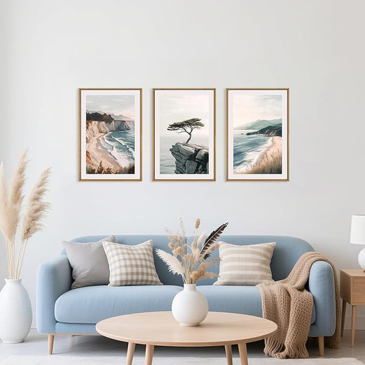 Amalfi Coastal Beach Framed Canvas Wall Art Set, Summer Ocean Wall Decor, Southwestern Beach Wall Painting, Ocean Seascape Art Prints for Living Room, Bedroom, Dining Room-16"x24"x3