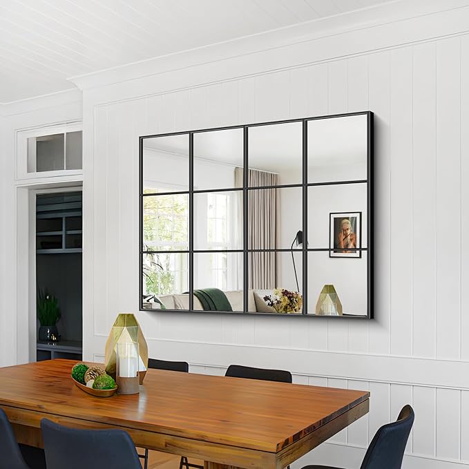 Rectangle Mirror, Window Mirror Wall Mounted, 36"×48" Window Pane Mirror Wall Decor Metal Framed, Large Black Mirror for Bedroom Living Room Fireplace Entryway Hanging or Leaning Against Wall
