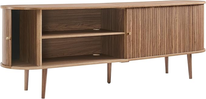 AMERLIFE 70" Mid-Century Modern TV Stand, TV Console Table for TVs up to 80 Inch, Fluted Wood Media Console with Storage, Solid Wood Legs, Walnut