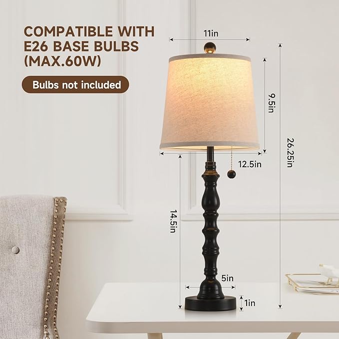 Lamps Set of 2 Modern Farmhouse Table Lamp Bedside Reading Lamps Living Room End Tables Set Lamps for Night Stands Bedroom Night Lamp,High 26.25 Inch,Black,With Fabric Lamp Shade,Bulb Not Included