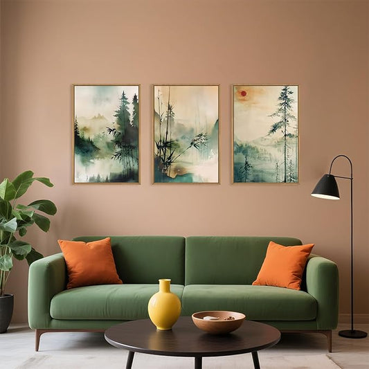 Chinoiserie Nature Framed Canvas Wall Art Set, Mountain and Forest Landscape Painting, Natural Bamboo Pine Tree Lakes Wall Decor for Living Room, Bedroom, Dining Room, Office - 24"x36"x3