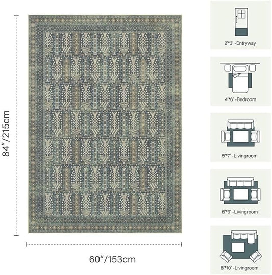 Rugxara 5x7 Washable Area Rugs for Bedroom & Living Room - Floral Boho Vintage Rug,Soft & Non-Slip,Low Pile Wool Carpet for Indoor Dining Room,Girls Room,Nursery Room and Kids Room(Ivory Blue)