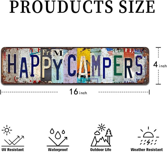 Happy Campers Vintage Metal Tin Sign - Rustic Camping Wall Art for Cabin, RV, Outdoor, Farmhouse Décor - 4x16 Inch