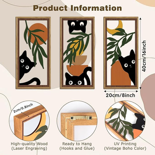 KAIRNE Boho Black Cat Wall Art,Green Leaves Wood Wall Decor Set of 3(16”X8”),Farmhouse Geometric Wooden Cat Wall Decor,Mid-Century Bohemian Moon Sun Design for Friends Family Bedroom Living Room Decor