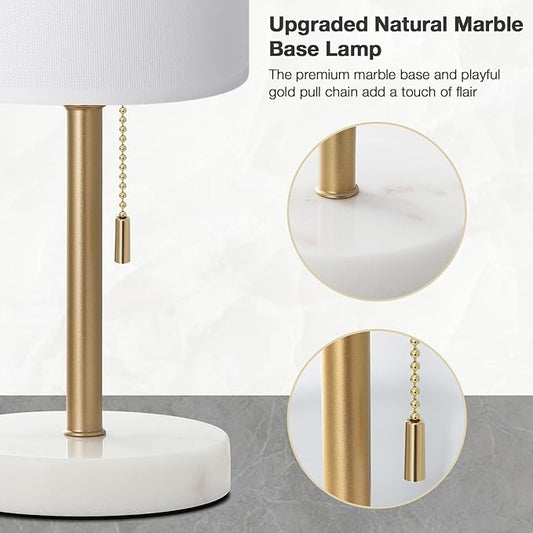 Dicoool Tall Bedside Table lamp for Bedroom - Luxury Marble Base & 3 Color Temperatures Bedside Lamps, Pull Chain Gold Table Lamps, White Nightstand Lamps for Living Room/Guest Room