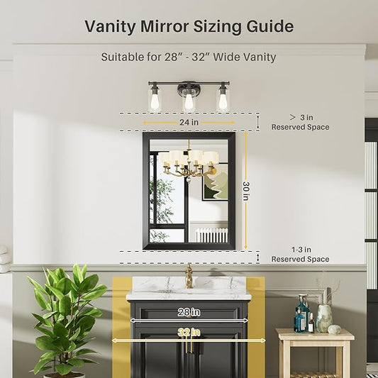 Briivue 24x30 Inch Black Bathroom Mirror for Wall, Thick Metal Framed Rectangle Mirrors for Over Sink, Bedroom, Living Room, Entryway, Anti-Rust, HD Tempered Glass