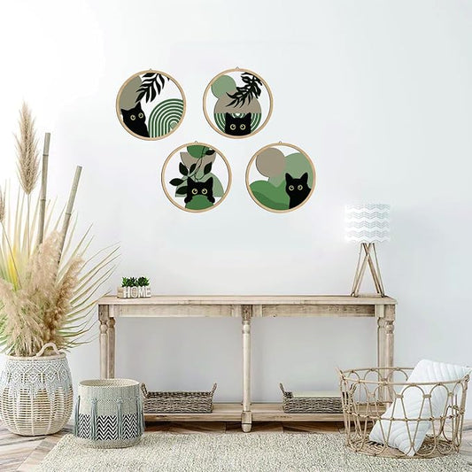 Sage green Cat Wall Art Sage green C at Room Decor Aesthetic, 4-Piece Farmhouse Geometric Wooden Black Cat Wall Decor Mid-Century Bohemian Moon Sun Design for Nursery, Bedroom Ca t Lover Gifts