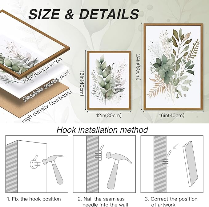 HLXRAE Watercolor Botanical Wall Art Set of 3, Neutral Sage Green Bathroom Wall Decor, Modern Floral Canvas Paintings, Minimalist Farmhouse Poster Prints for Bedroom Living Room Wood Framed 12x16 Inch