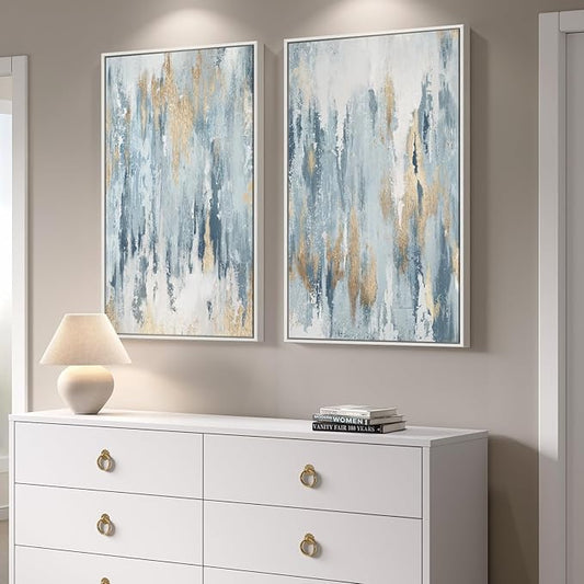 Large White Framed Blue and Gold Abstract Canvas Wall Art, 2 Piece Modern Minimalist Art Prints Paintings Artwork for Walls, Glitter Pictures for Living Room, Dining Room, Bedroom Wall Decor 20x30 In