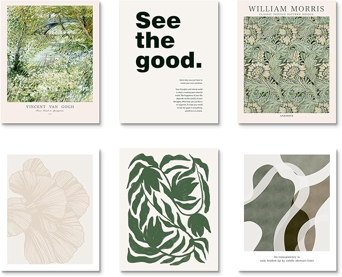 Habseligkeit Green Wall Art Prints, Retro Wall Decors for Room Aesthtic, Abstract Posters for Bedroom Decor Aesthetic Unframed, 11X14in, Set of 6