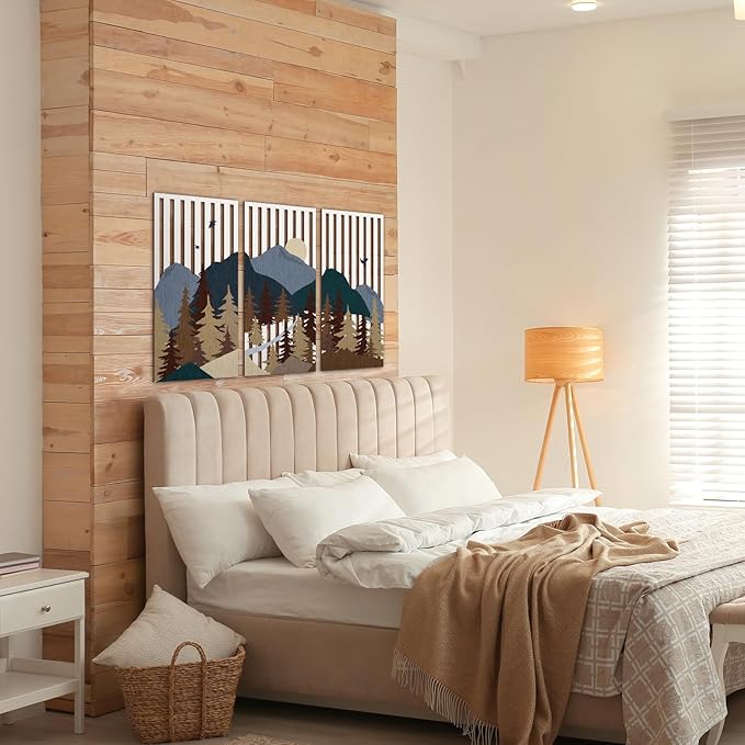 Suzile 3 Pcs Wall Sculptures Wooden Wall Decor Boho Geometric Line Hollow Wall Decor Mid Century Modern Decor Minimalist Geometric Art for Living Room Bathroom Bedroom Office Kitchen (Forest)