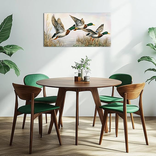 LevvArts Duck Wall Art Flying Mallard Ducks Over Lake Painting Canvas Print Vintage Lake House Cabin Decor 20"x40"