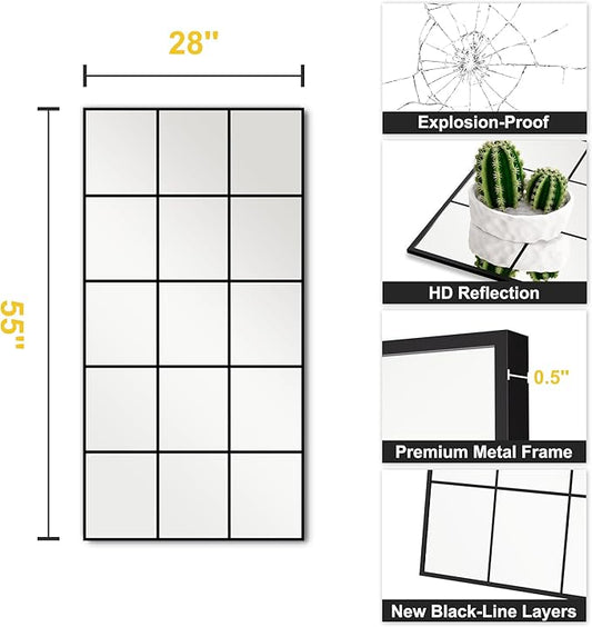 Large Window Pane Full Length Mirror for Wall, 28"x55" Black Rectangular Wall Mirror for Living Room, Bedroom, Entryway, Hanging or Leaning