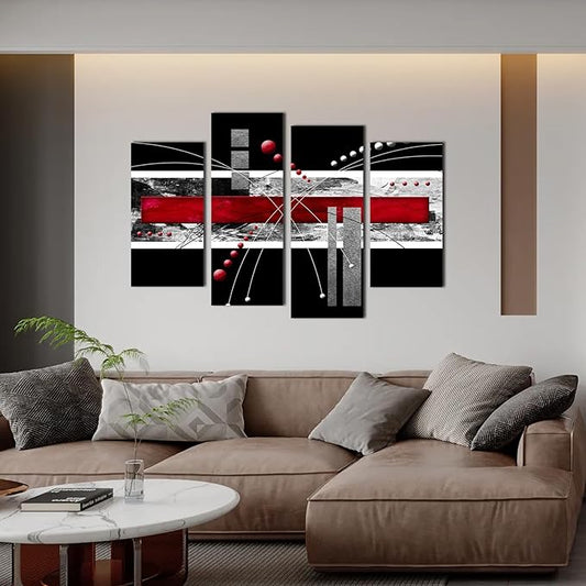 YPY Large Black Red Canvas Wall Art - 4 Panels Modern Abstract Picutre Set for Home Decoration - Contemporary Painting Artwork Ready to Hang Living Room Bedroom W48 x H36
