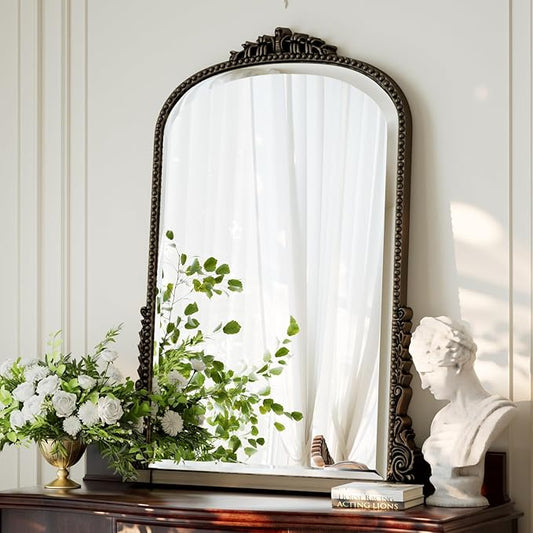 28"×40" Bronze Wide Arched Wall Mirror, Vintage Carving Bathroom Vanity Makeup Mirror, as Wall Decor Hanging Leaning for Fireplace Mantle, Living Room, Bedroom, Vanity Area