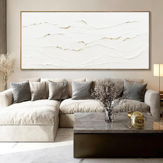 WINKAILIN White and Gold Canvas Wall Art Textured With Framed Posters Pictures Abstract Minimalist Wall Art Extra Large Contemporary Artwork for Office Living Room Entryway Home Decor 32x70 Inch