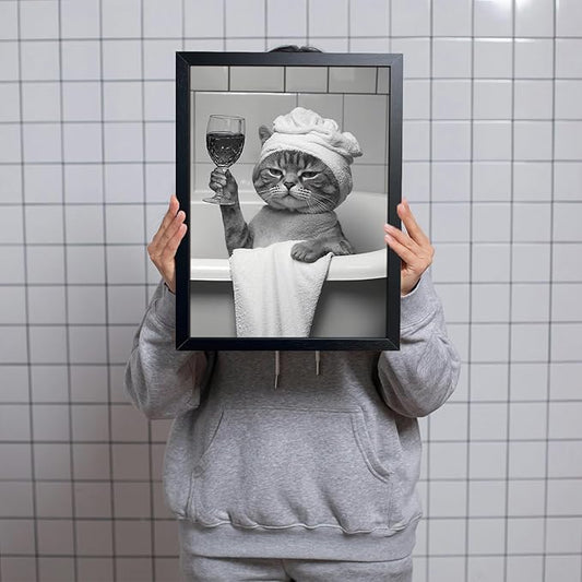 ARKZSHO Funny Black Cat Bathroom Wall Decor Black and White Wall Art Canvas Print Modern Farmhouse Restroom Home Decoration (Framed 16''x24'')