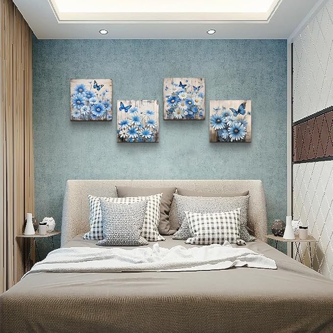 TTHYUEWS Canvas Wall Decor For Bedroom Room Wall Art For Living Room Abstract Blue Flowers Paintings Wall Artworks Hang Pictures For Office Decoration Posters Prints Art Kitchen Home Decor 4 Piece