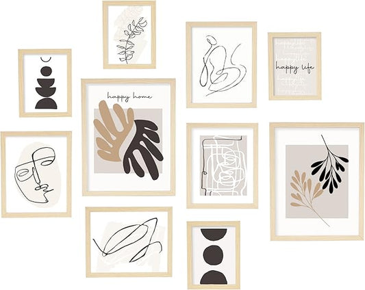 ArtbyHannah Neutral Gallery Wall Frames Set of 10 with Decorative Minimalist Art Prints and Picture Frame Set Wall Art Decor for Modern Home Decoration, Assorted Size 6x8 x4, 8x10 x4, 11x14 x2