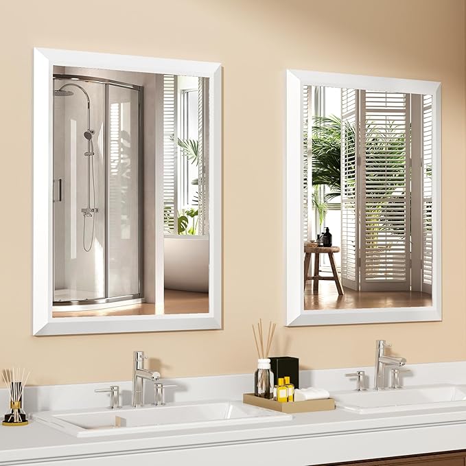 SMIROR Matte White Bathroom Mirror for Over Sink, 24”x 28” Metal Thick Framed Rectangle Vanity Mirror for Wall, Right Angle Corner, Anti-Rust, Horizontally or Vertically Mounted