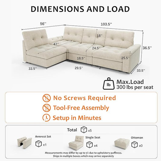 Oversized Modular Sectional Sofa with Storage, Modern Deep Seat Cloud Couch for Living Room, L-Shaped Large Sectional Couch, 4 Seater, Beige