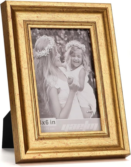 Yaetm 4x6 Gold Picture Frame Set of 4, 1.4” Wide Molding & Rustic Gold Photo Frames with HD Tempered Glass, Display on Tabletop & Wall Mounting