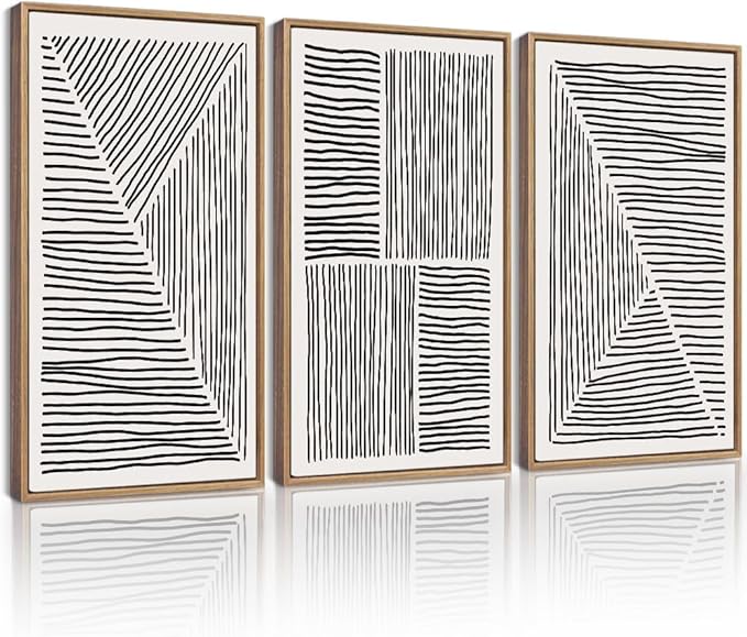 Drsoum Mid-Century Modern Framed Wall Art Large 16x24in Minimalist Abstract Boho Black Line Wall Decor Geometric Artwork Kitchen Dining Room Natural Framed