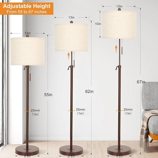 Qingmiao Metal Brown Floor Lamp for Living Room, Adjustable Height Standing Lamp, Pole Light for Bedroom, with Linen Shade and Metal Base, Pull Chain Switch, 3-Way 8W LED Bulb Included